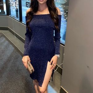 Sparkly off the shoulder dress with slit